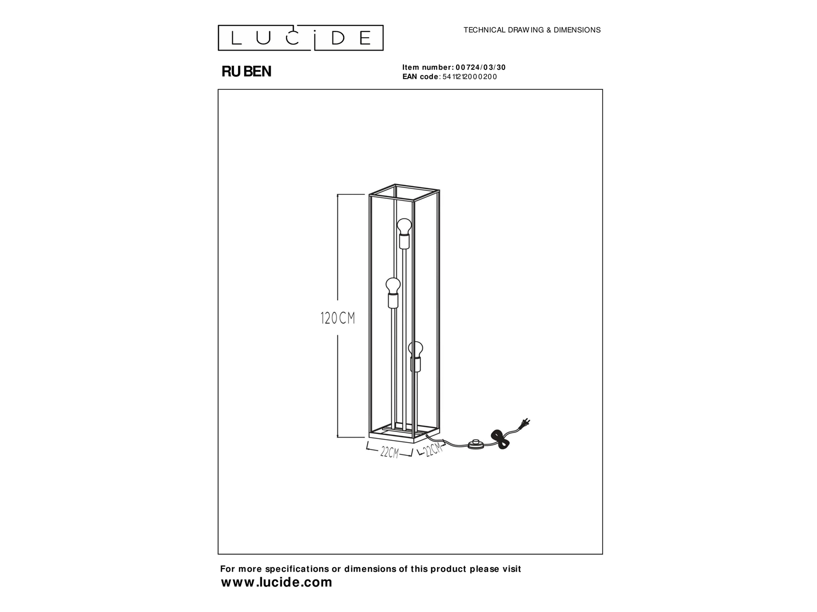 Stojací lampa Ruben, černá, 3xE27, 120cm