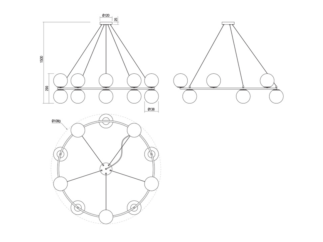 Závěsné svítidlo Bowling, pískově černé, 10xE14, 108cm