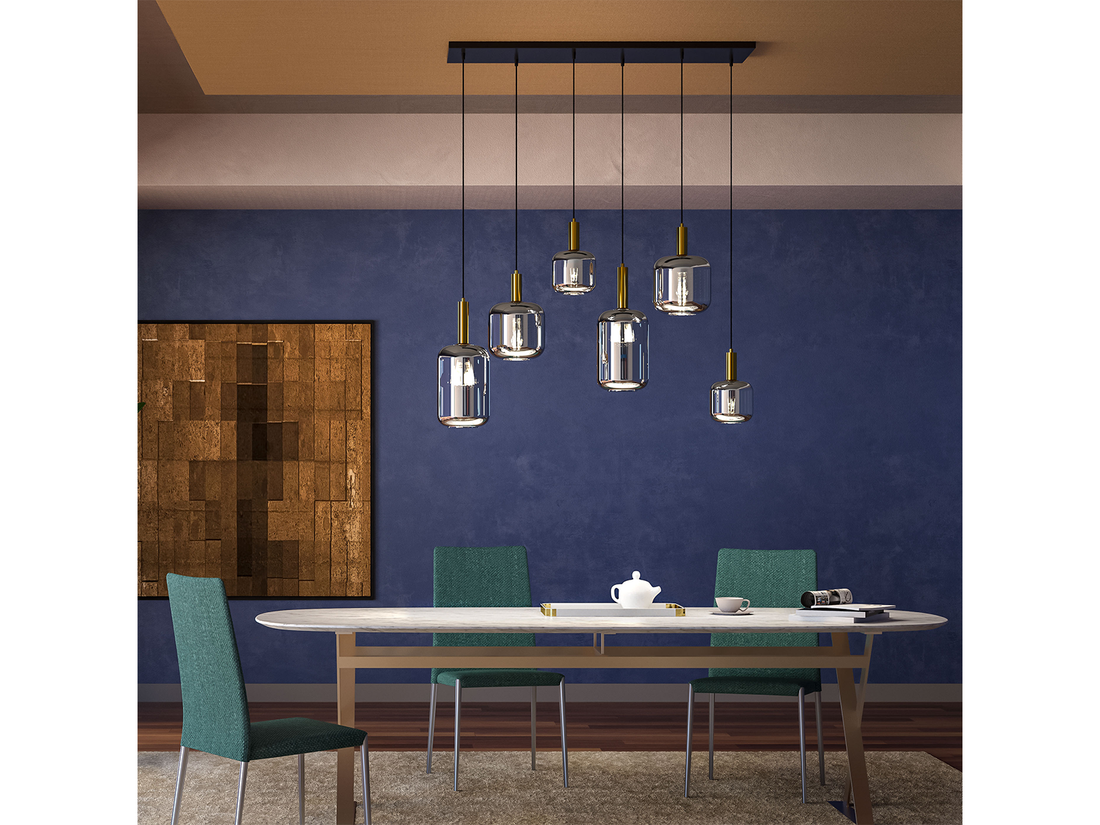 Závěsné svítidlo Brina, pískově černá, matně zlatá, 6xE27, 114cm