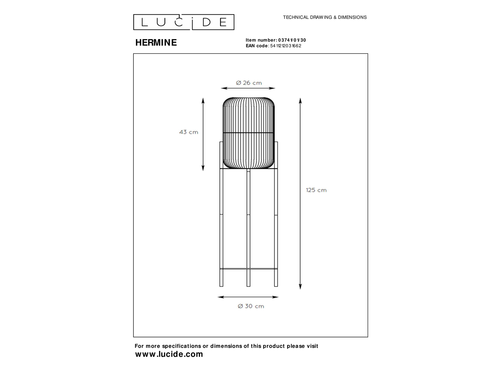 Stojací lampa Hermine, černá, E27, 125cm
