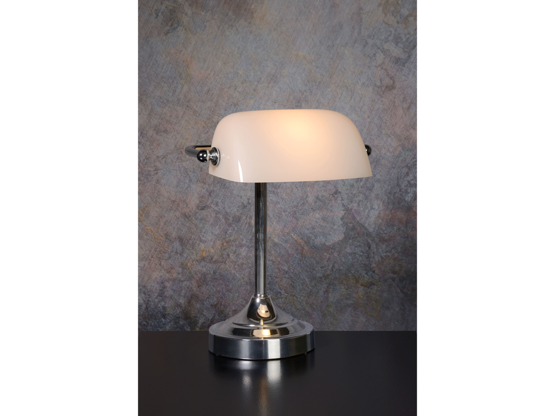 Stolní lampa Banker, chrom/bílá, E14, 30cm