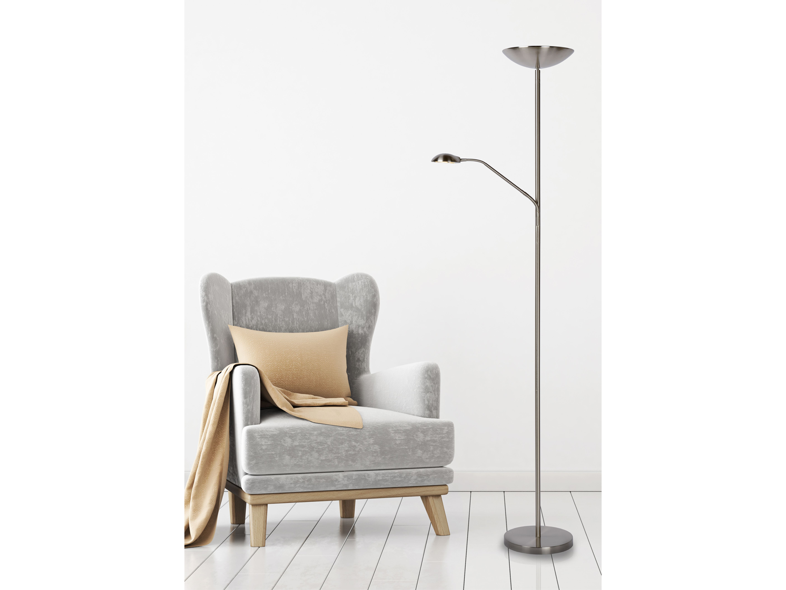 Stojací LED lampa Zenith saténový chrom, 20W, 4W, 3000K, 180cm