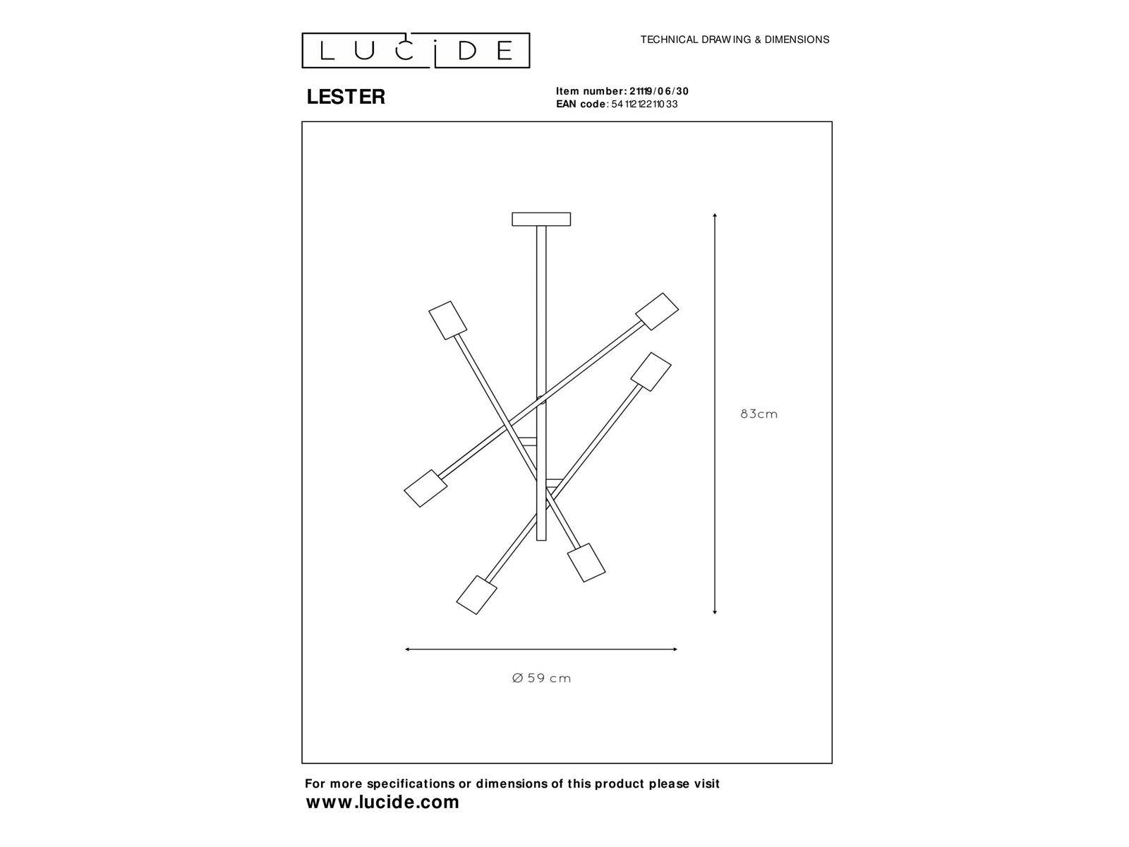 Stropní lustr Lester černý, 6xE27, ø59cm