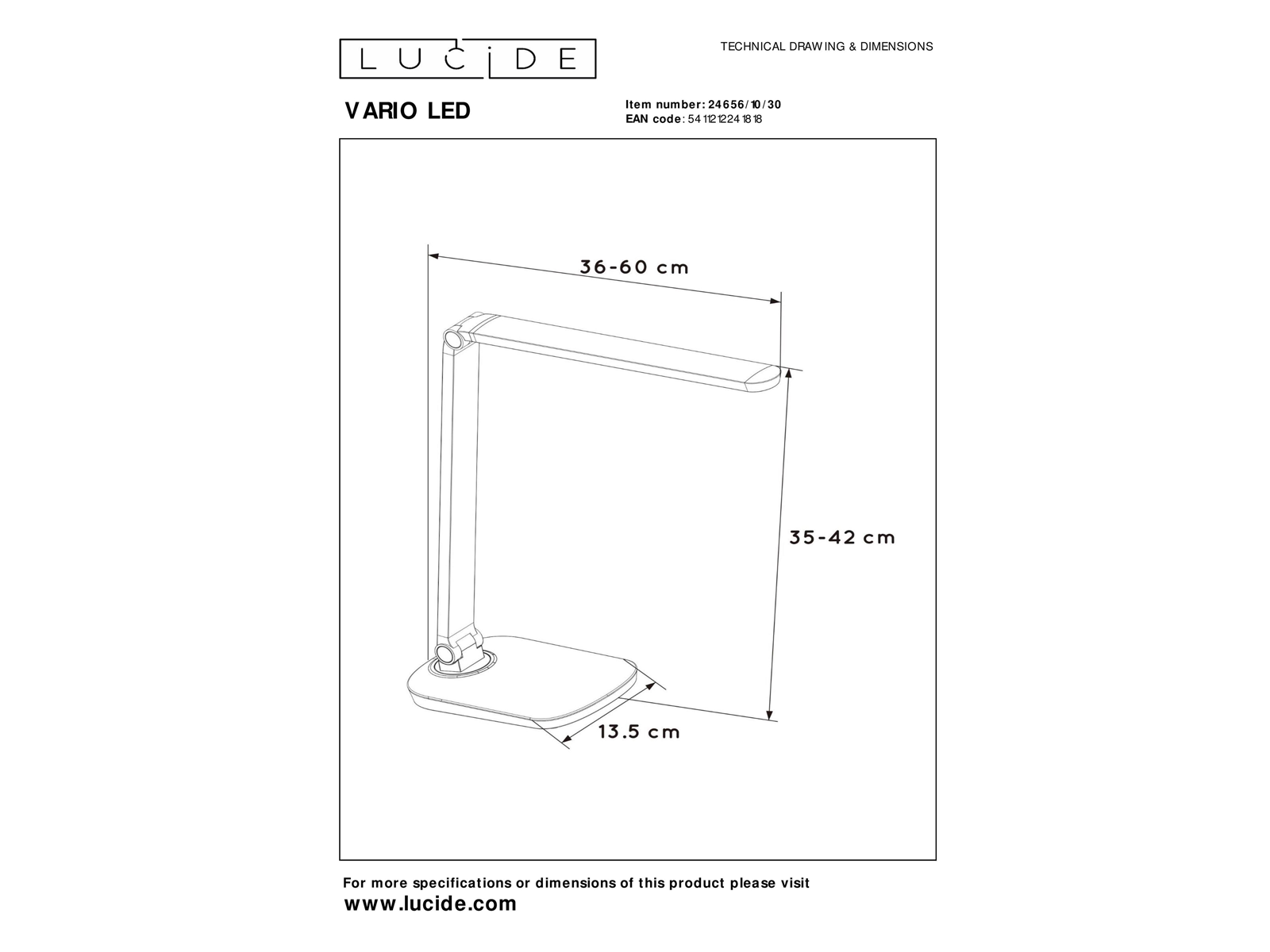 Stolní LED lampa Vario černá, 8W, 2700K/6500K, 35-42cm