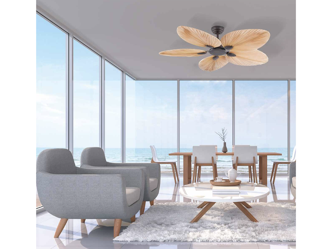 Stropní reverzní DC ventilátor, hnědý palmový list, ø132cm