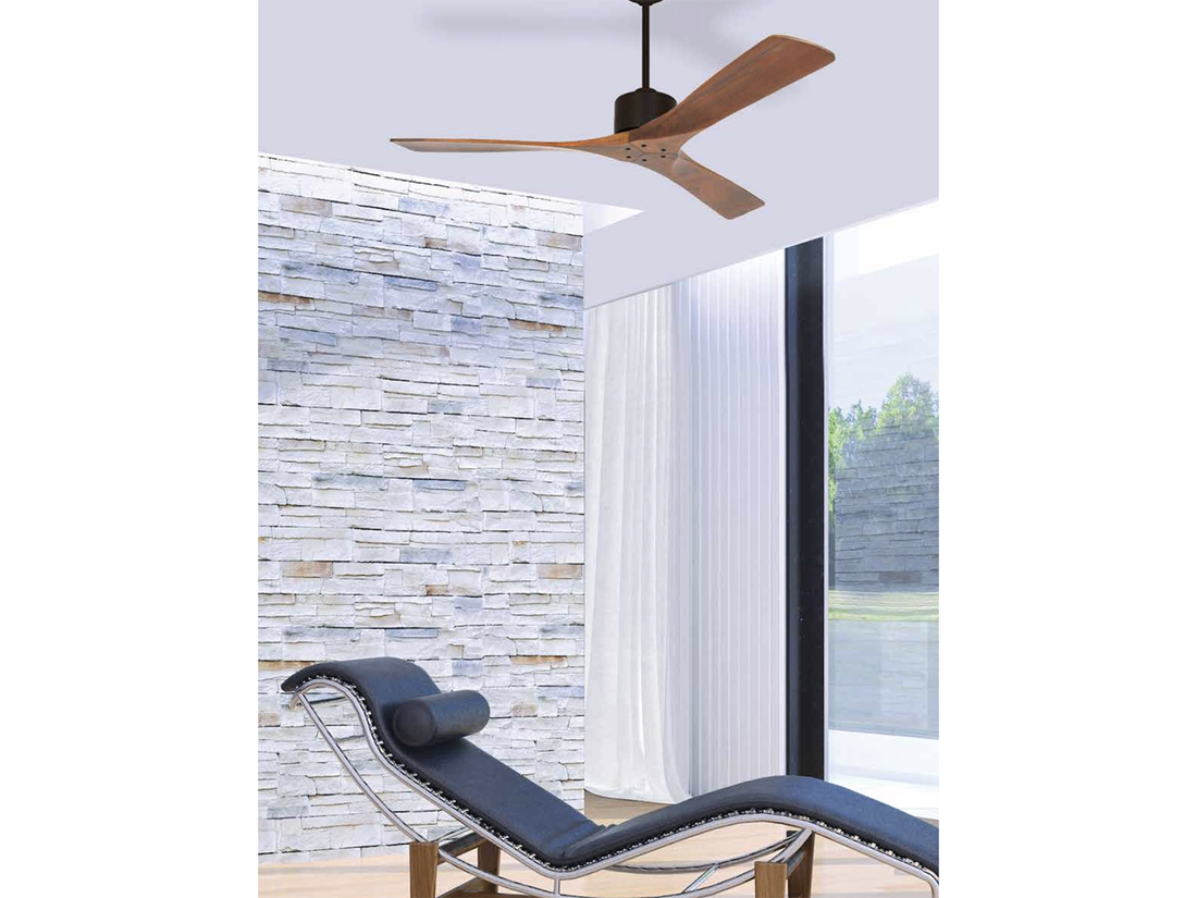 Stropní AC ventilátor, tmavě černá, hnědé lopatky, ø132cm
