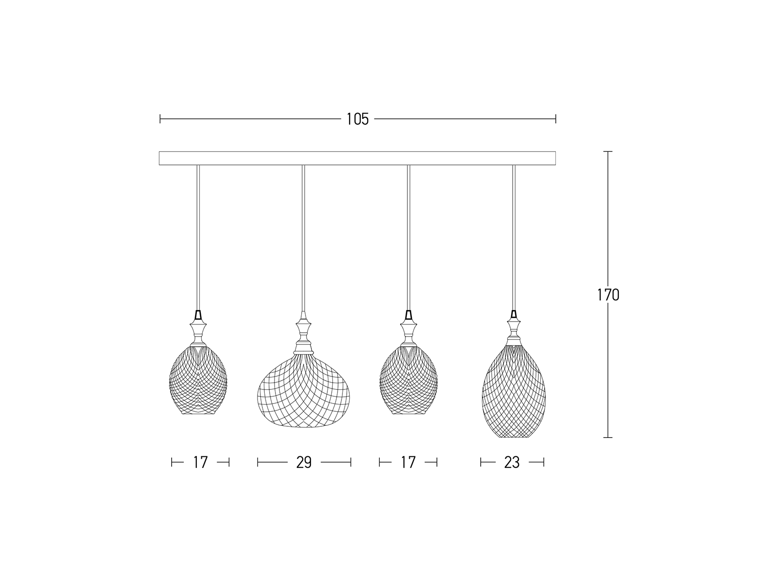 Závěsné svítidlo z kouřového skla, 4xE27, 105cm