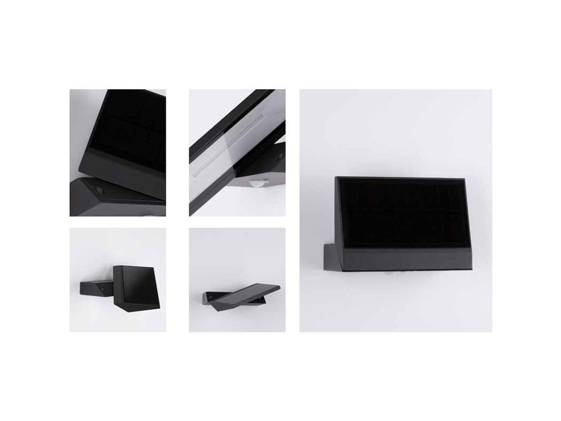 Nástěnné LED solární svítidlo se senzorem grafit, 2W, 3000K, 18cm