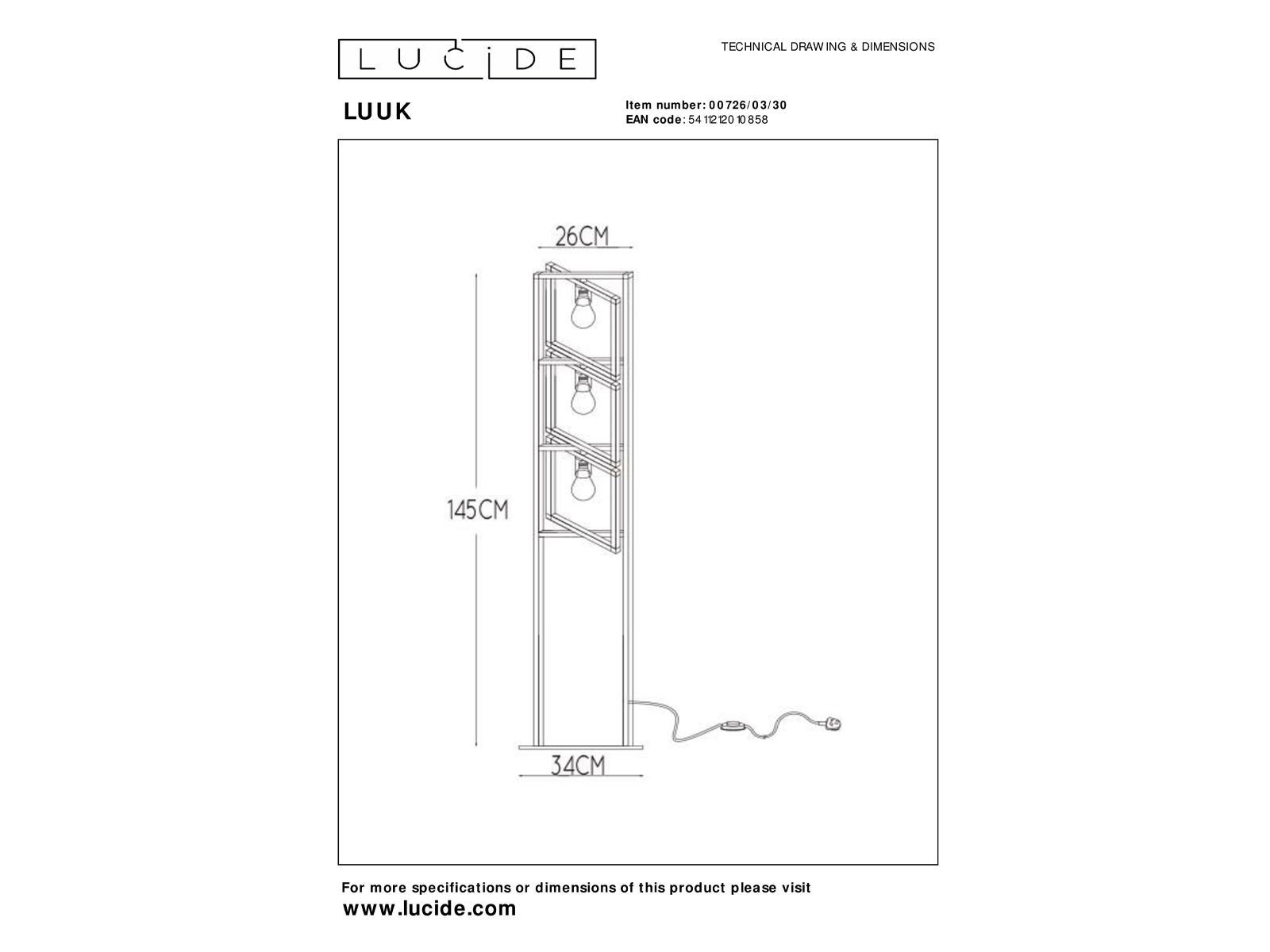 Stojací lampa LUUK, černá, 3xE27, 145cm