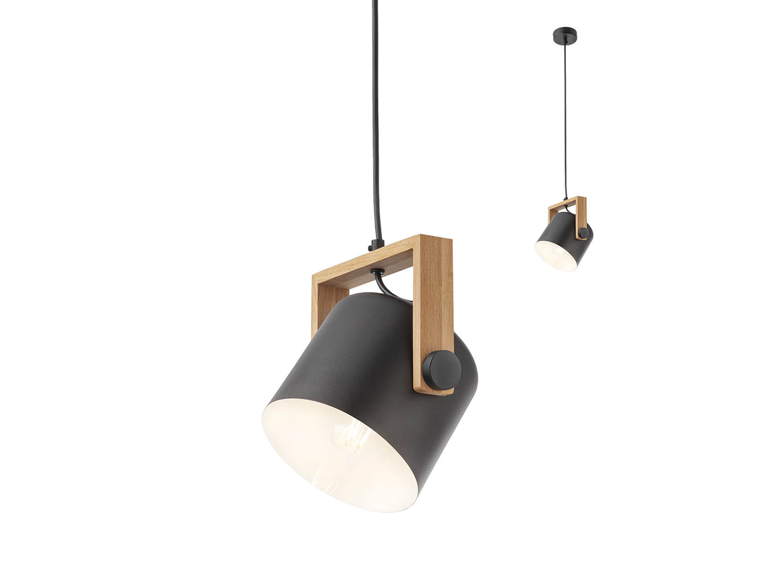Závěsné svítidlo Pooh, černé, dřevo, 1xE27, ø16cm