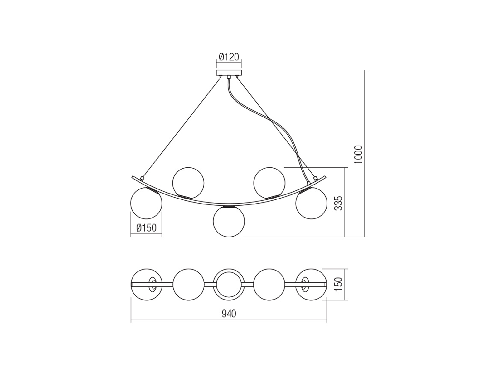 Závěsné svítidlo Volley, matně černé, 5xE14, 94cm