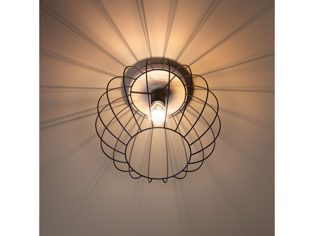Stropní svítidlo Trellis, černé, dřevo, 1xE27, ø35cm