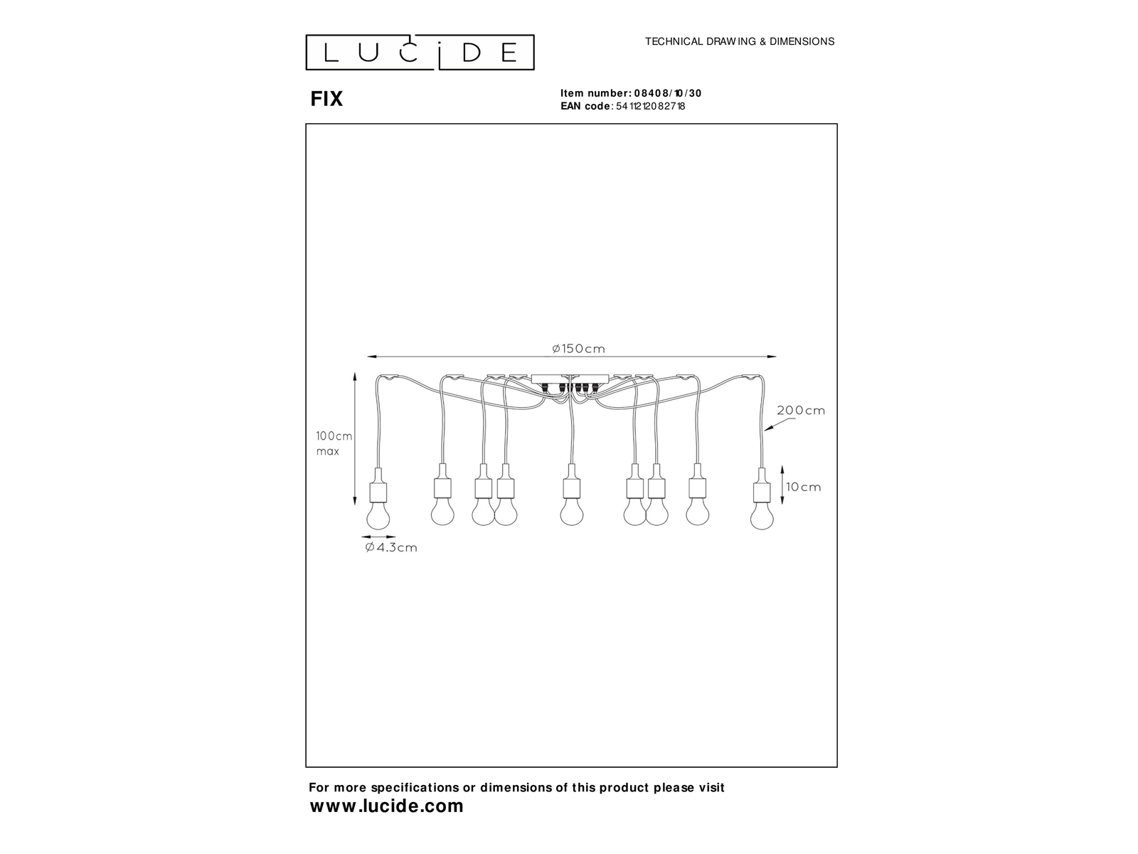 Závěsné svítidlo Fix, černé, 10xE27, ø150cm
