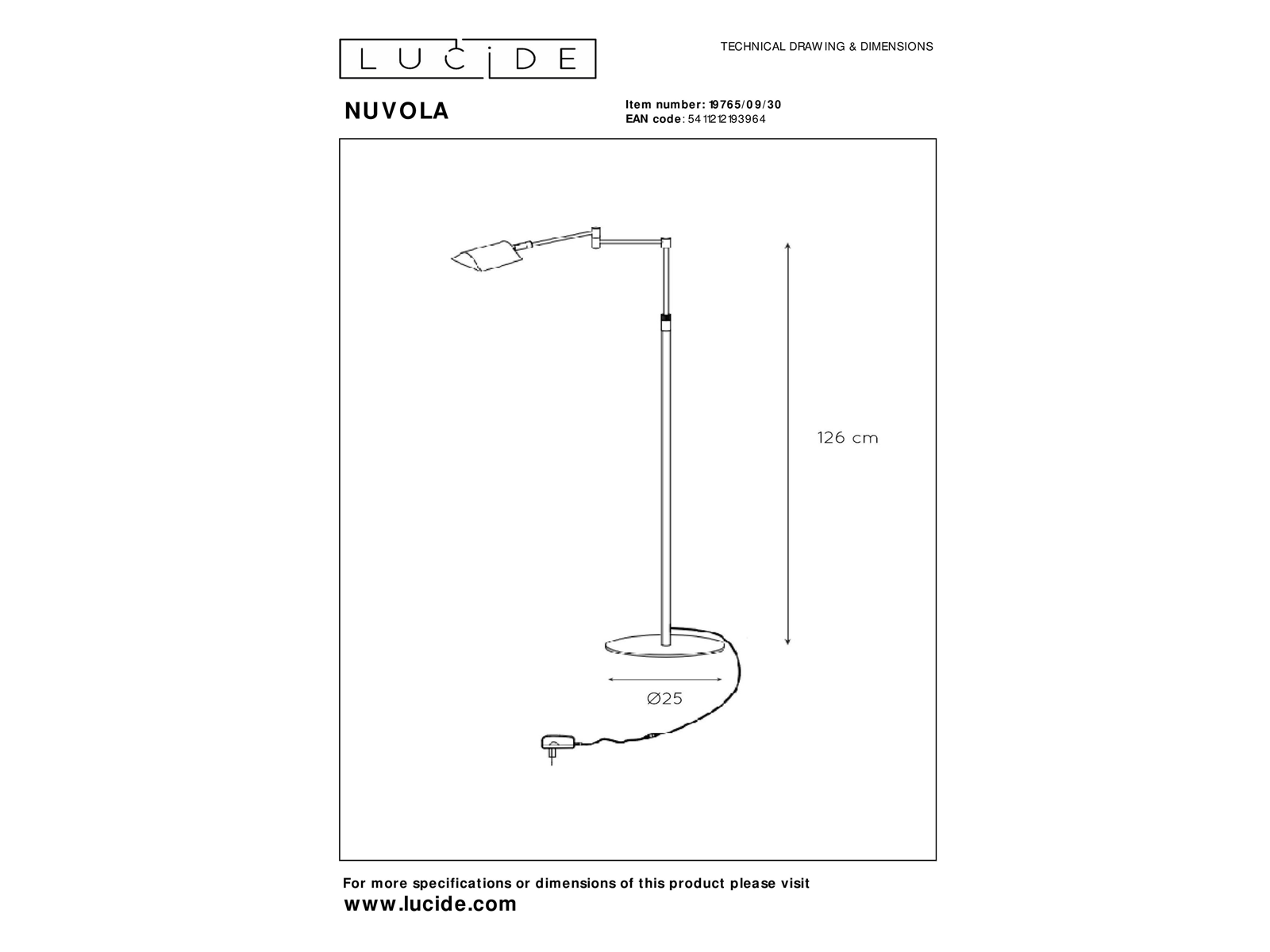 Stojací LED lampa Nuvola černá, 9W, 3000K, 126cm