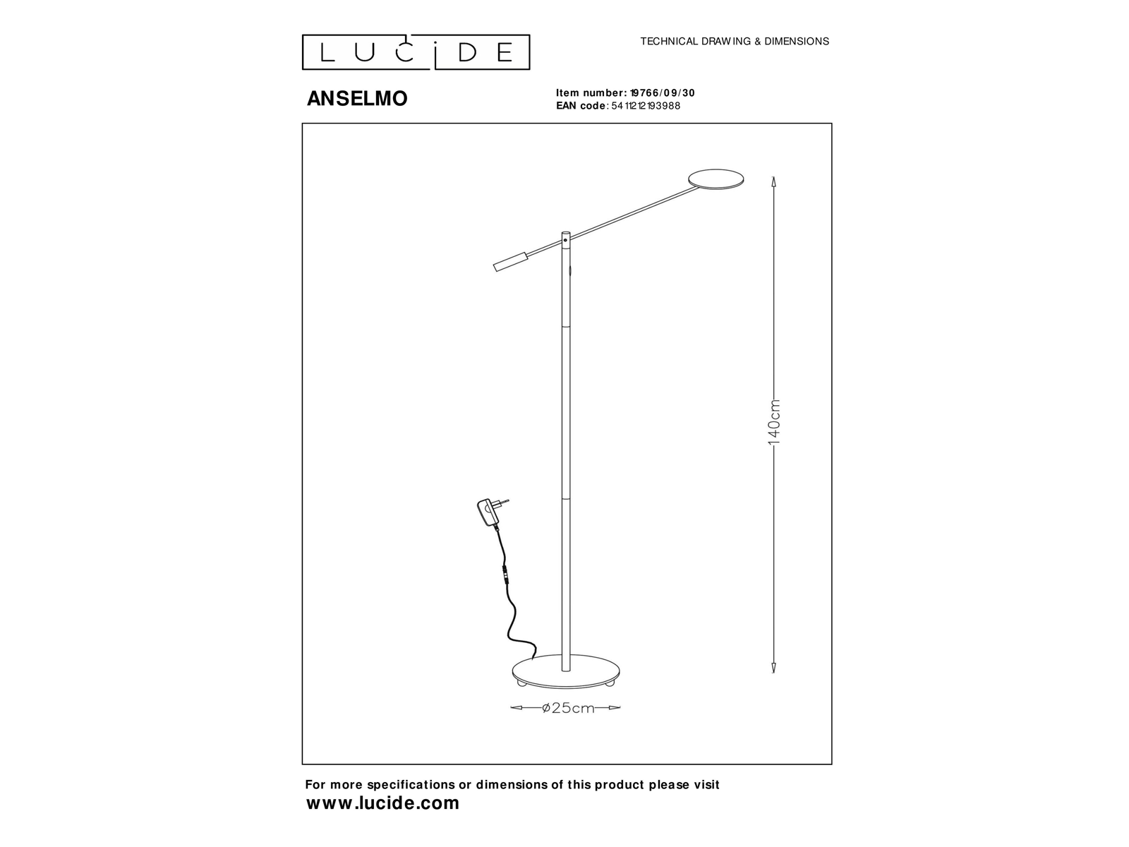 Stojací LED lampa Anselmo černá, 9W, 3000K, 140cm