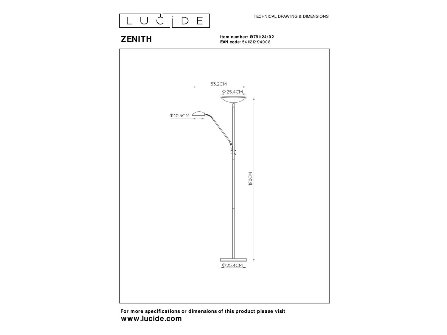 Stojací LED lampa Zenith matně zlatá, 20W, 4W, 3000K, 180cm