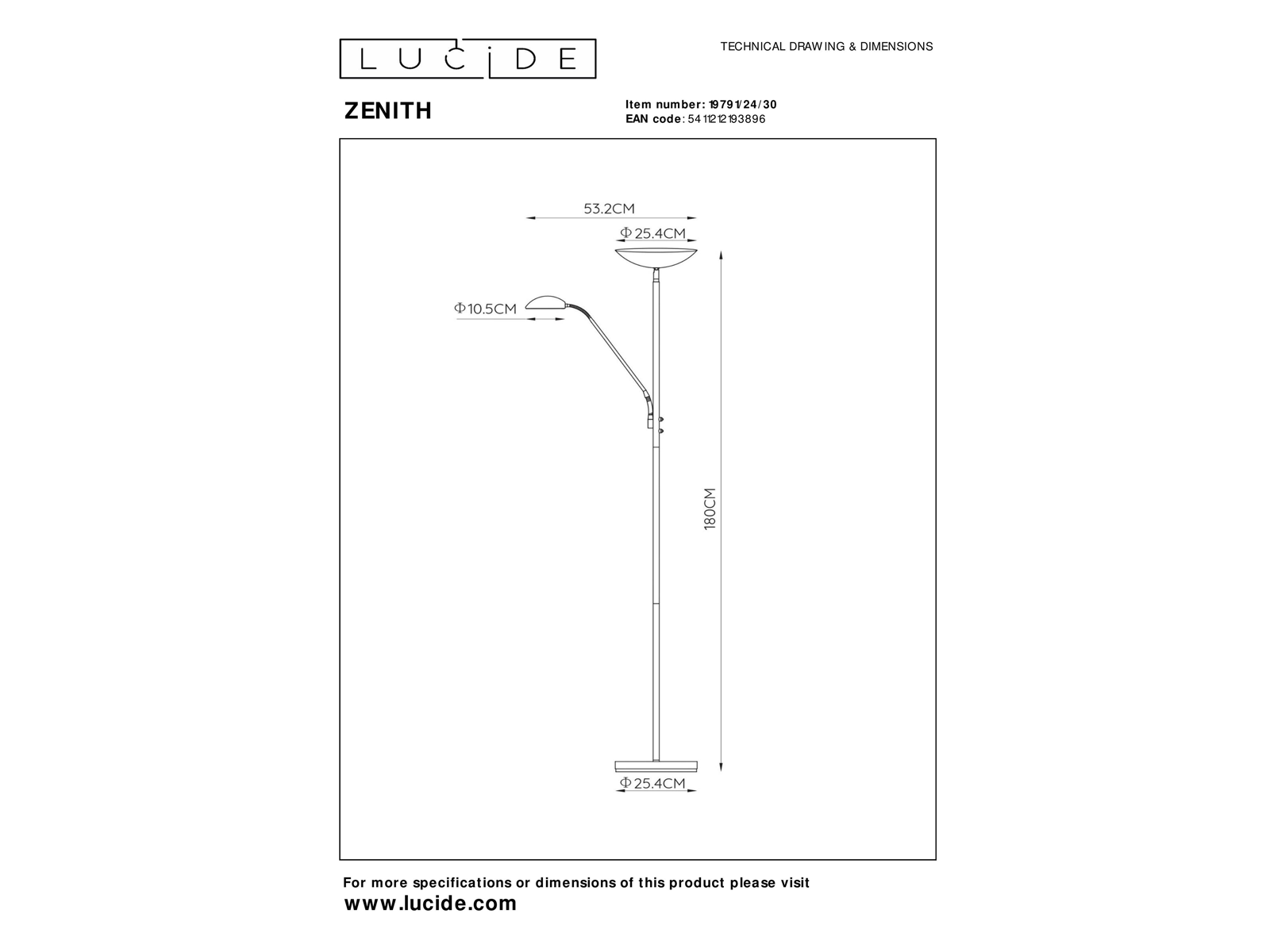 Stojací LED lampa Zenith černá, 20W, 4W, 3000K, 180cm