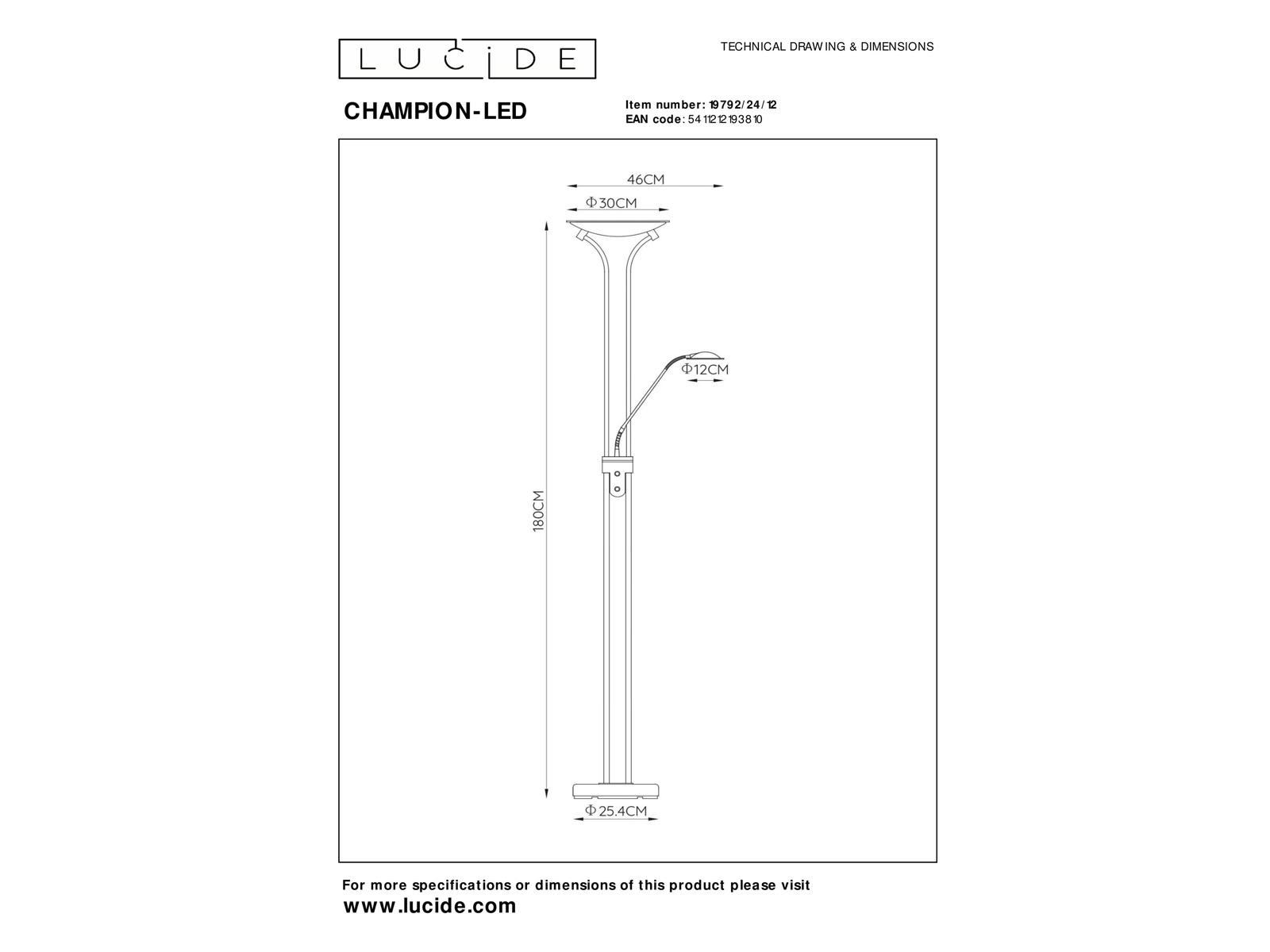 Stojací lampa Champion-LED saténový chrom, 20W, 4W, 3000K, 180cm