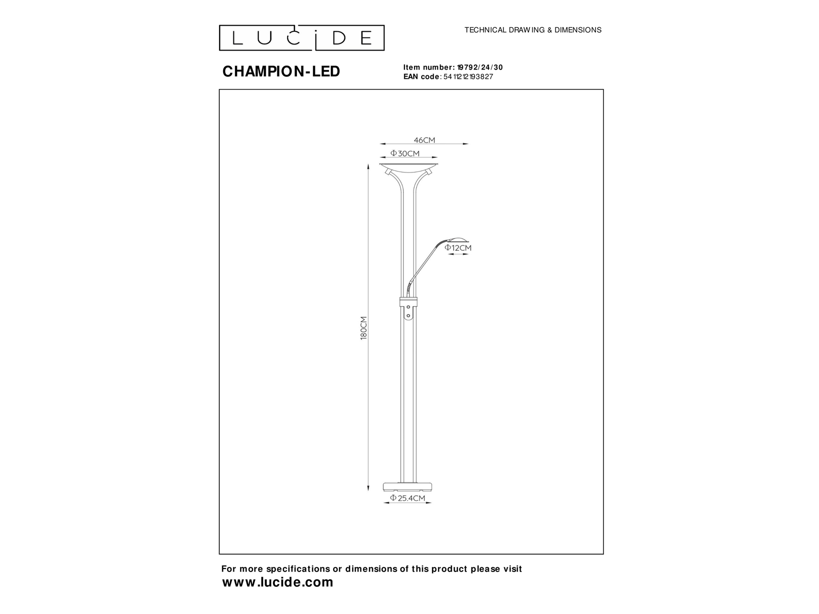 Stojací lampa Champion-LED černá, 20W, 4W, 3000K, 180cm