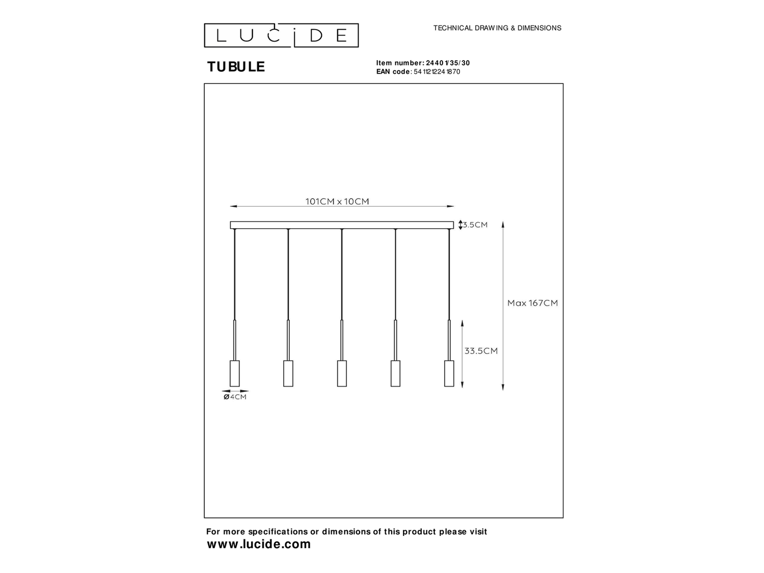 Závěsné LED svítidlo Tubule černé, 5x7W, 2700K, 101cm