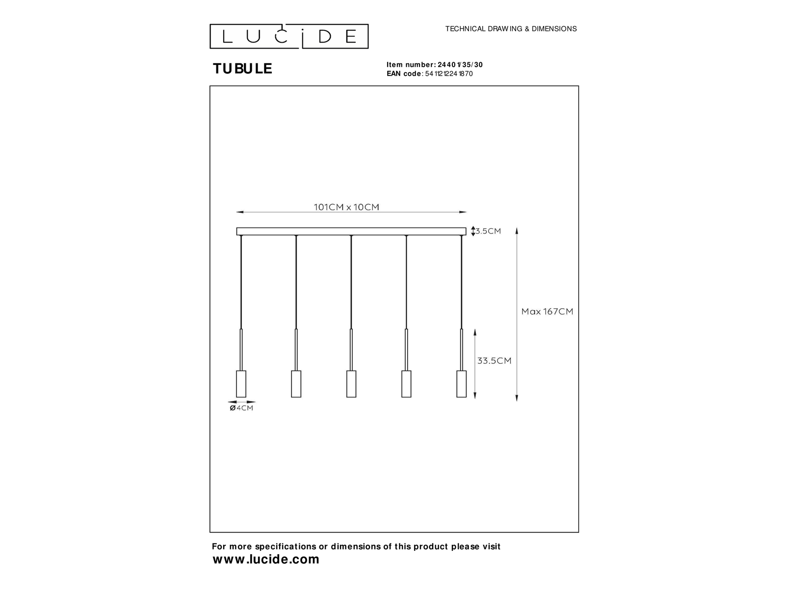 Závěsné LED svítidlo Tubule černé, 5x7W, 2700K, 101cm