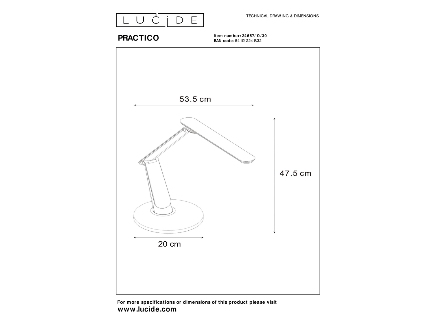 Stolní LED lampa Practico černá, 10W, 2700K/6000K, 47,5cm