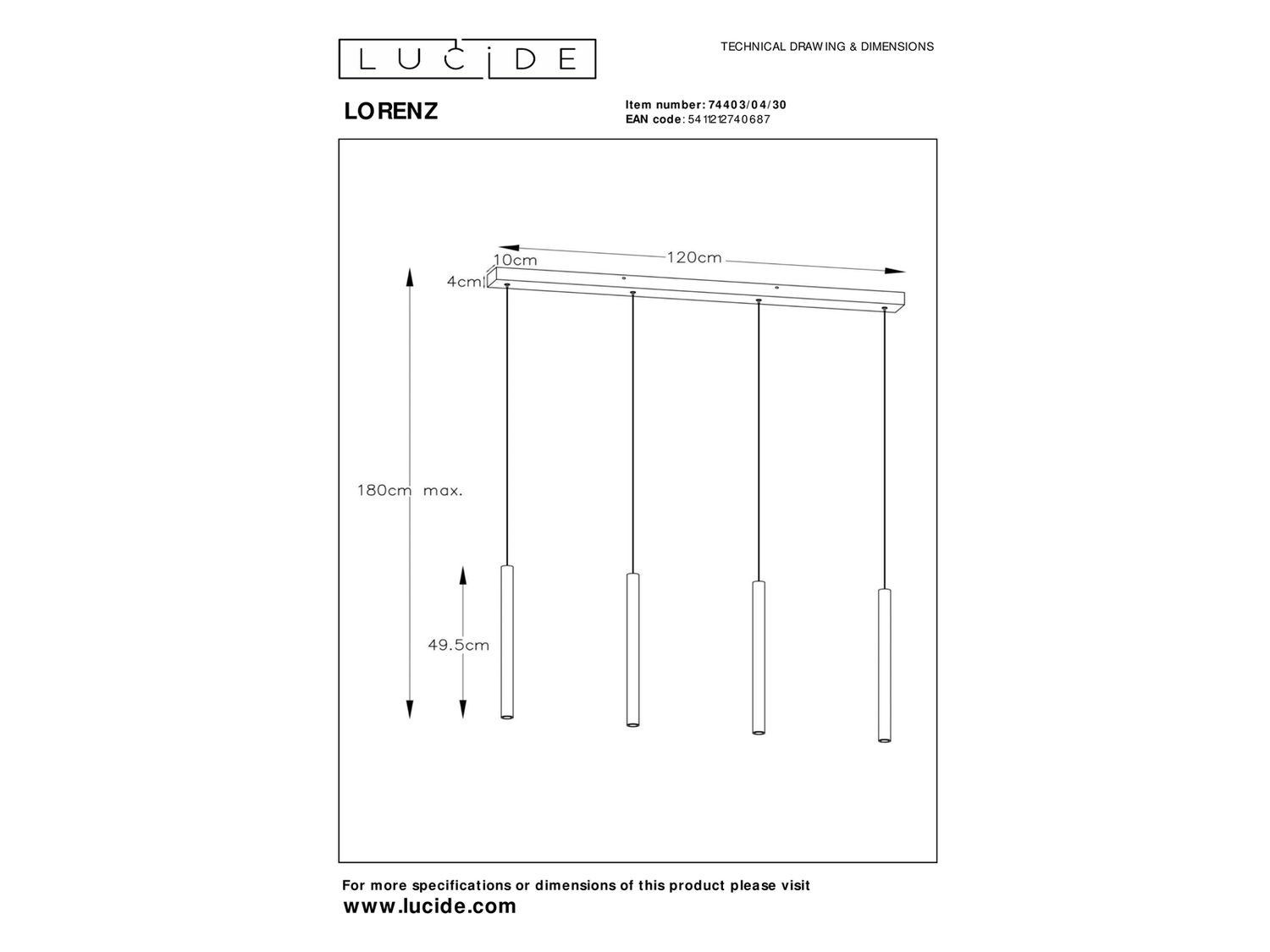 Závěsné LED svítidlo Lorenz černé, 4x4W, 3000K, 120cm