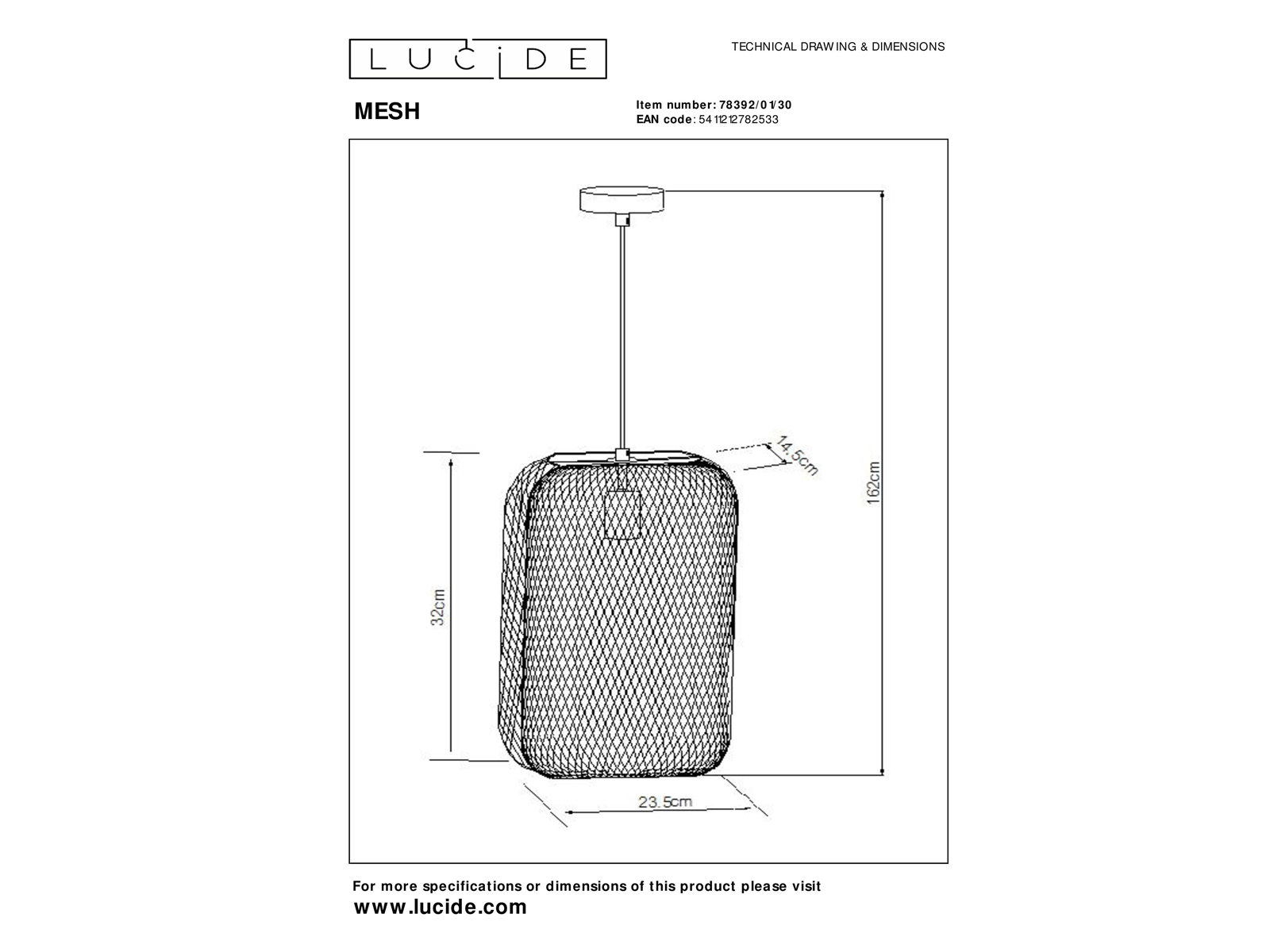 Závěsné svítidlo Mesh černé, E27, ø23,5cm