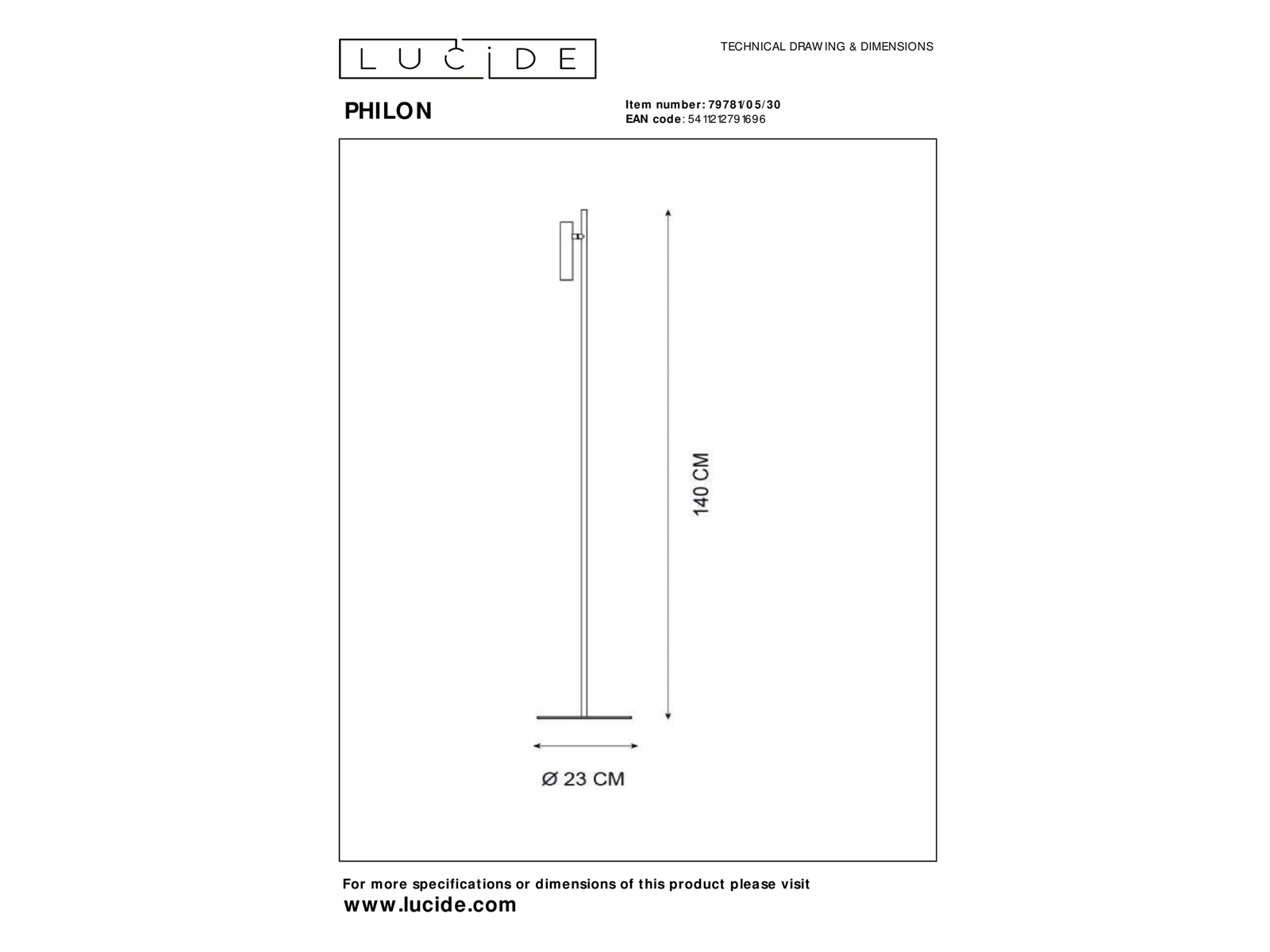 Stojací LED lampa Philon černá, 4,5W, 3000K, 140cm