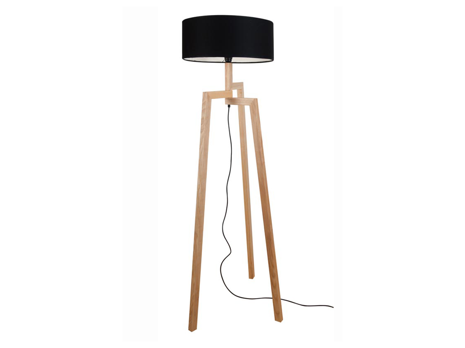 Stojací lampa dřevo/černá, 1xE27, 180cm