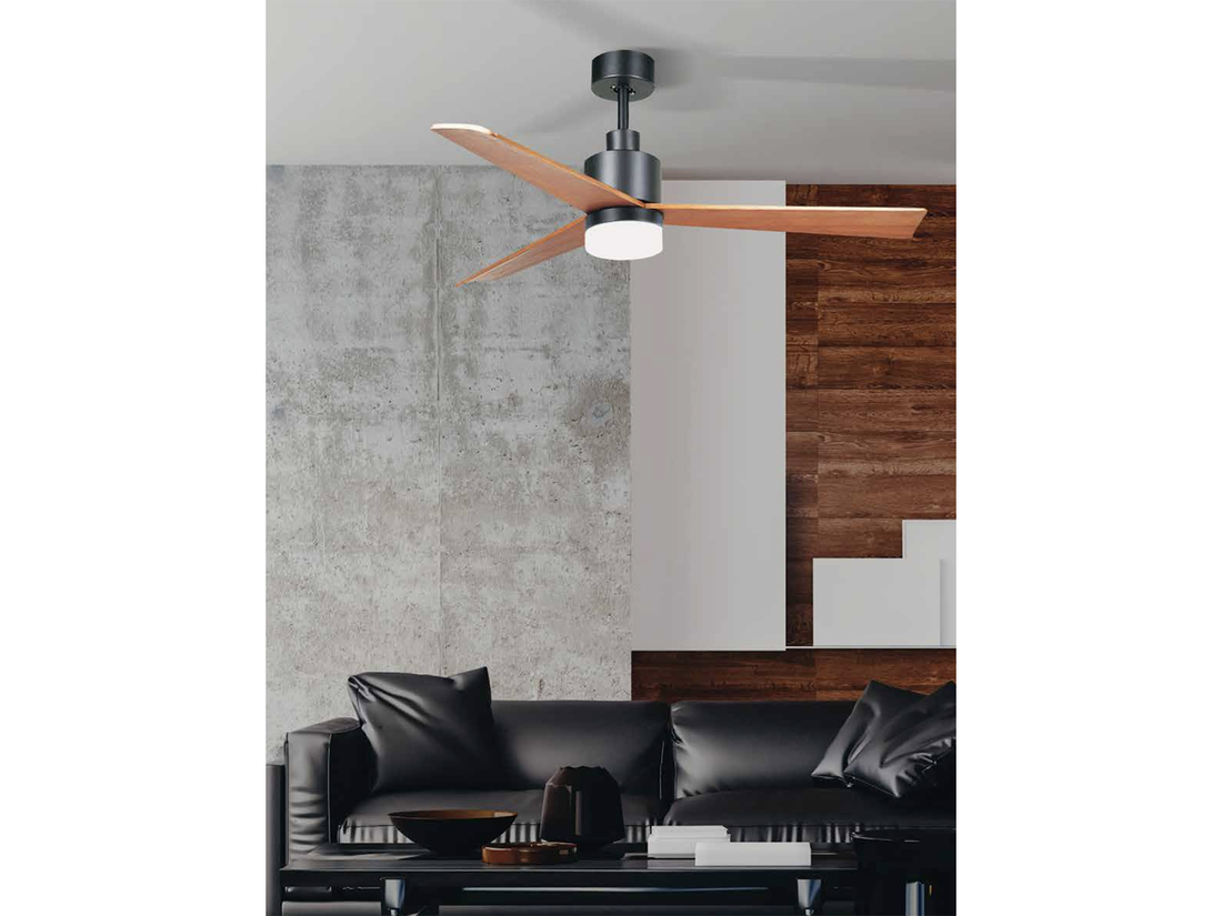 Stropní AC ventilátor s LED osvětlením, matně černá, třešňové dřevo, ø132cm