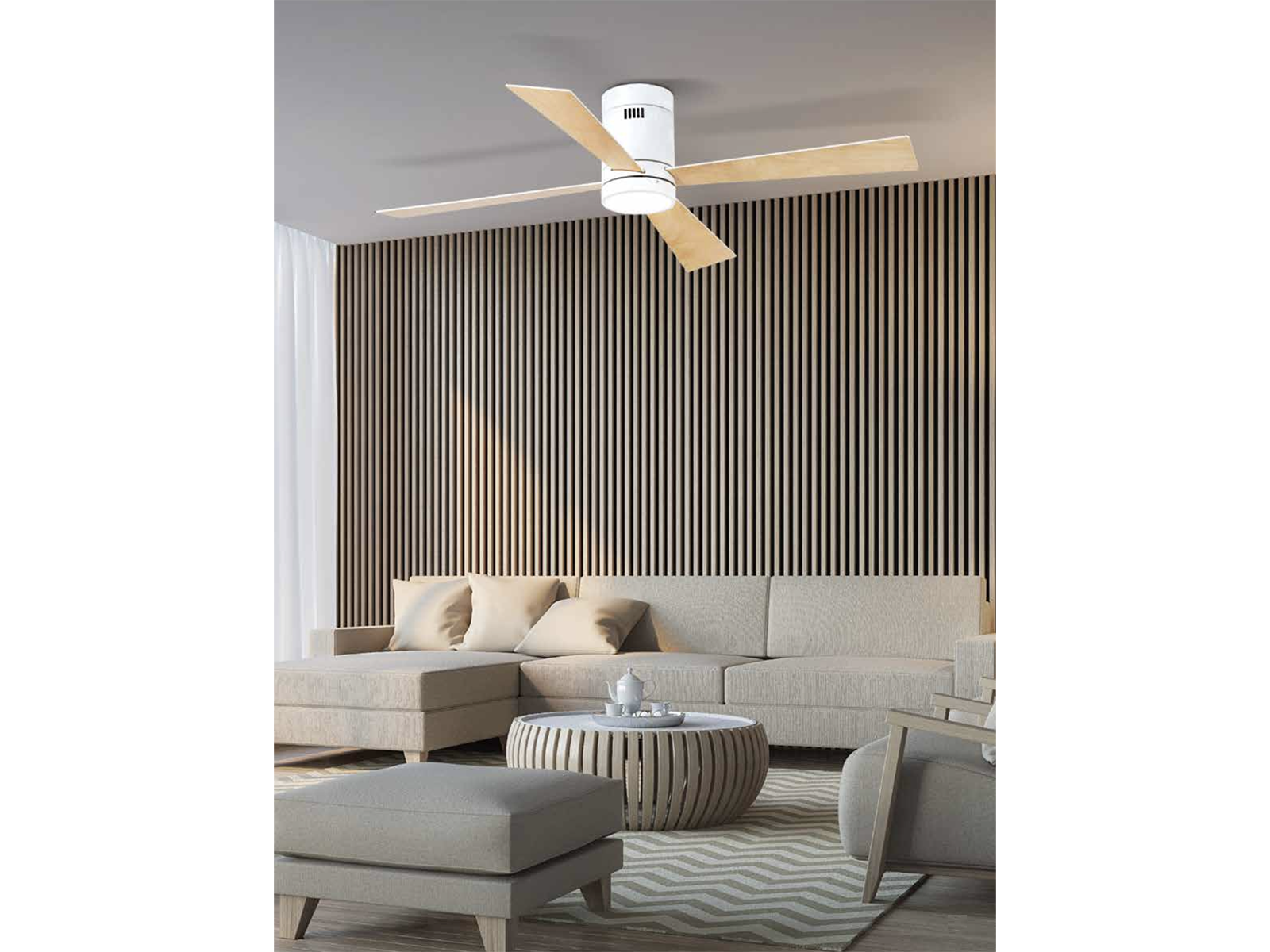 Stropní AC ventilátor s LED osvětlením, bílá, javorové/bílé lopatky ø124cm