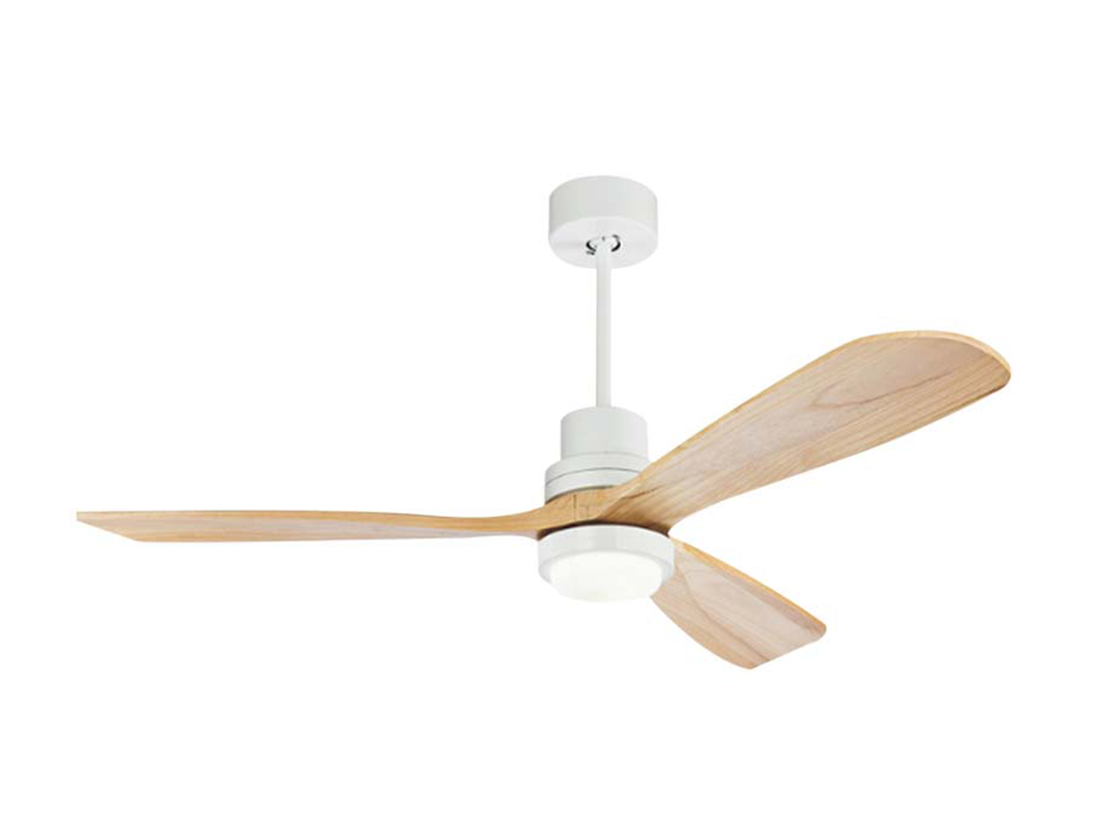 Stropní DC ventilátor s LED osvětlením, matně bílá, přírodní dřevo, ø132cm