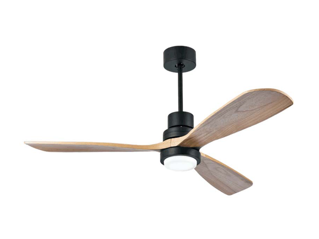 Stropní DC ventilátor s LED osvětlením, matně černá, přírodní dřevo, ø132cm