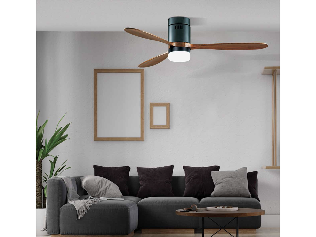 Stropní AC ventilátor s LED osvětlením, matně černá, třešňové dřevo, ø132cm