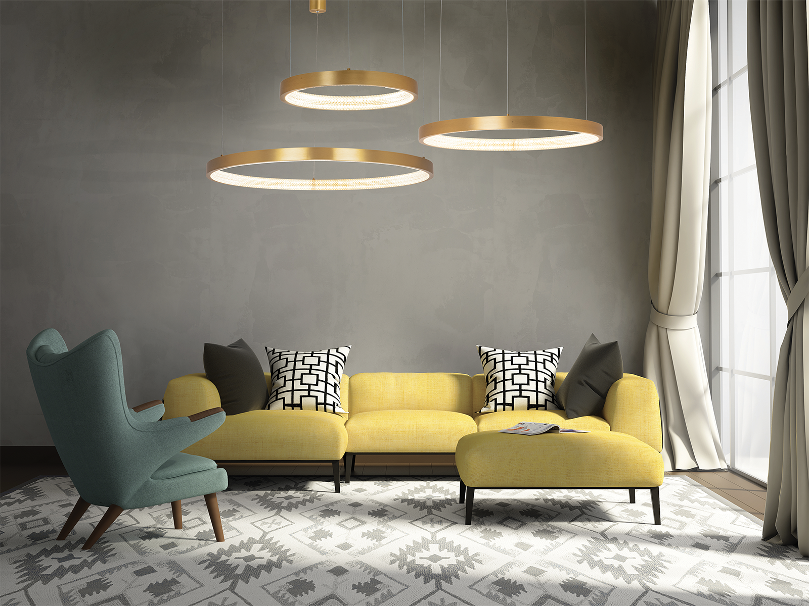 Závěsné LED stmívatelné svítidlo zlaté, 50W, 3000K, ø80cm