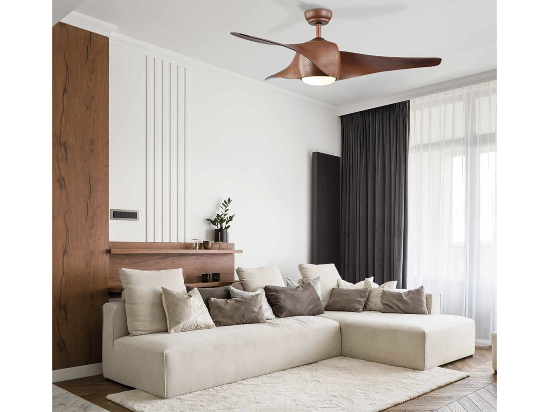 Stropní reverzní DC ventilátor s LED osvětlením, tmavě hnědý, třešňové dřevo, ø132cm