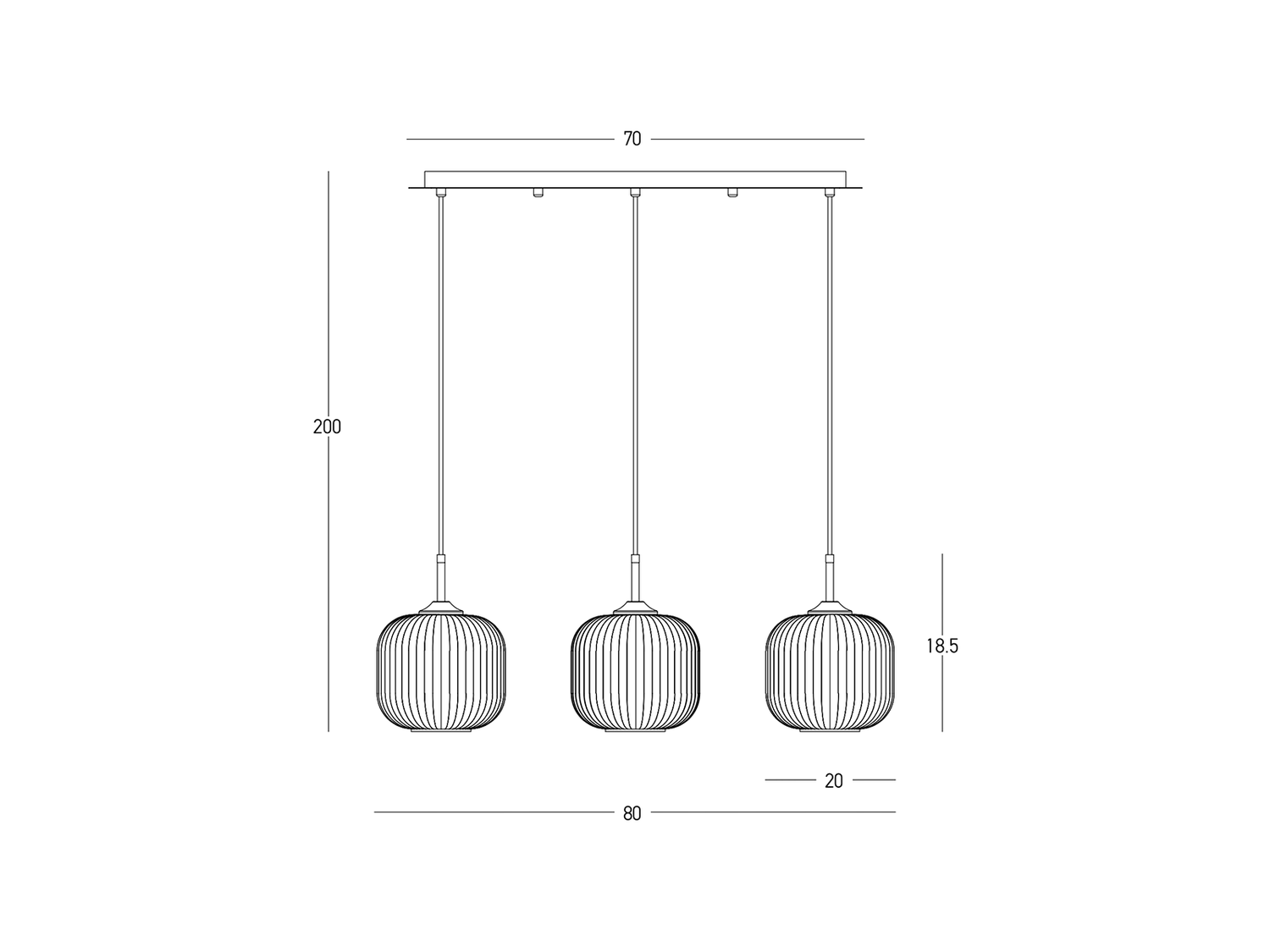 Závěsné svítidlo ze skla, 3xE27, 80cm